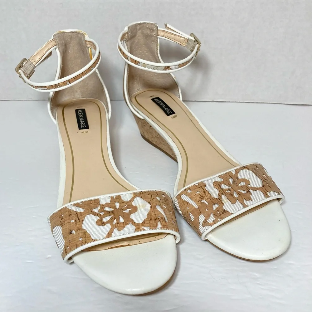 ALEX MARIE Ankle Strap Cork Wedge Sandals Fabric & Cork Floral Cut-outs Size 7.5 - Picture 2 of 14